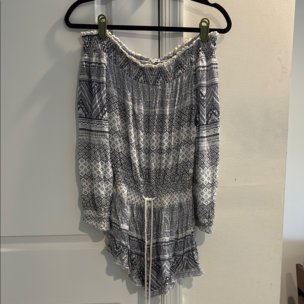 Boho Off-Shoulder Romper in Blue and White